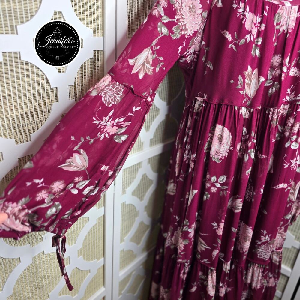 Anthropologie Evelin Maroon/Wine Floral Long Sleeve Chiffon Maxi Dress Size XL - Picture 7 of 16